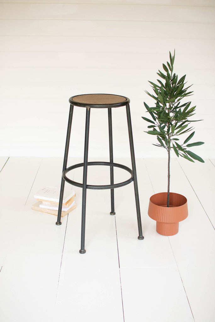 Metal bar stool with round wooden seat - Bombay Mercantile