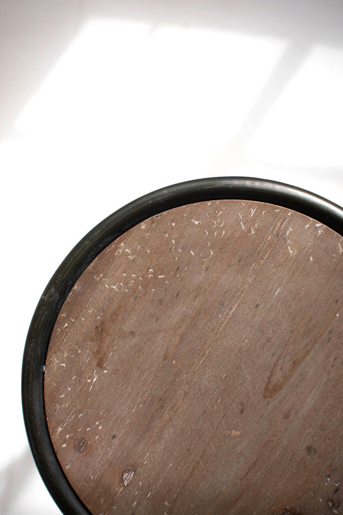 Metal bar stool with round wooden seat - Bombay Mercantile