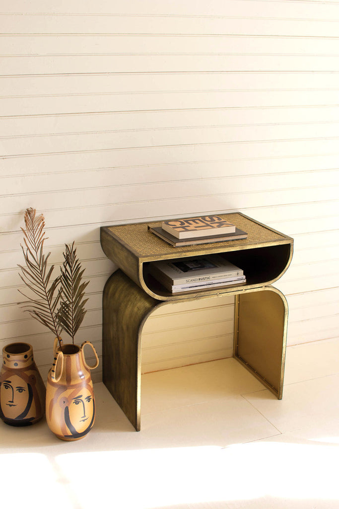 Metal side table with woven cane top - Bombay Mercantile