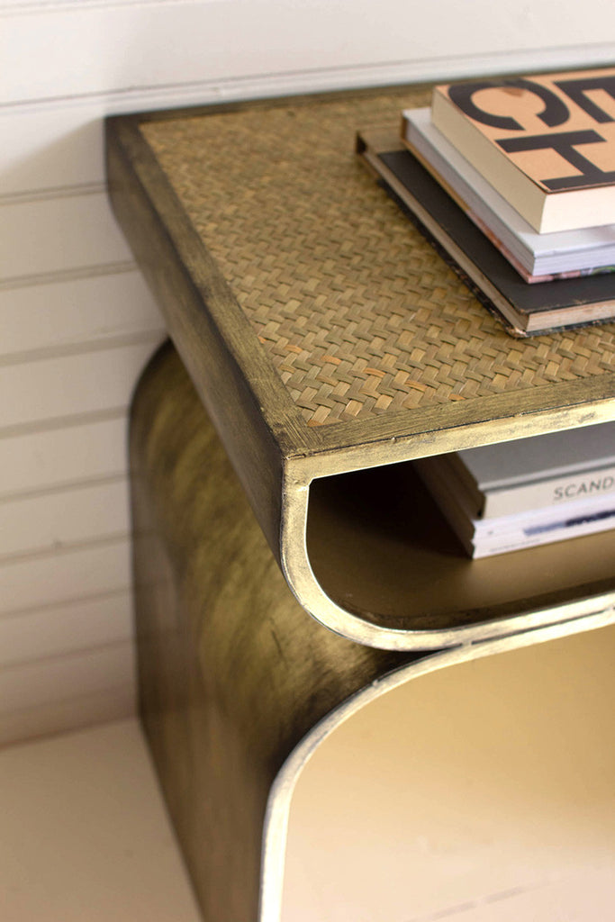 Metal side table with woven cane top - Bombay Mercantile