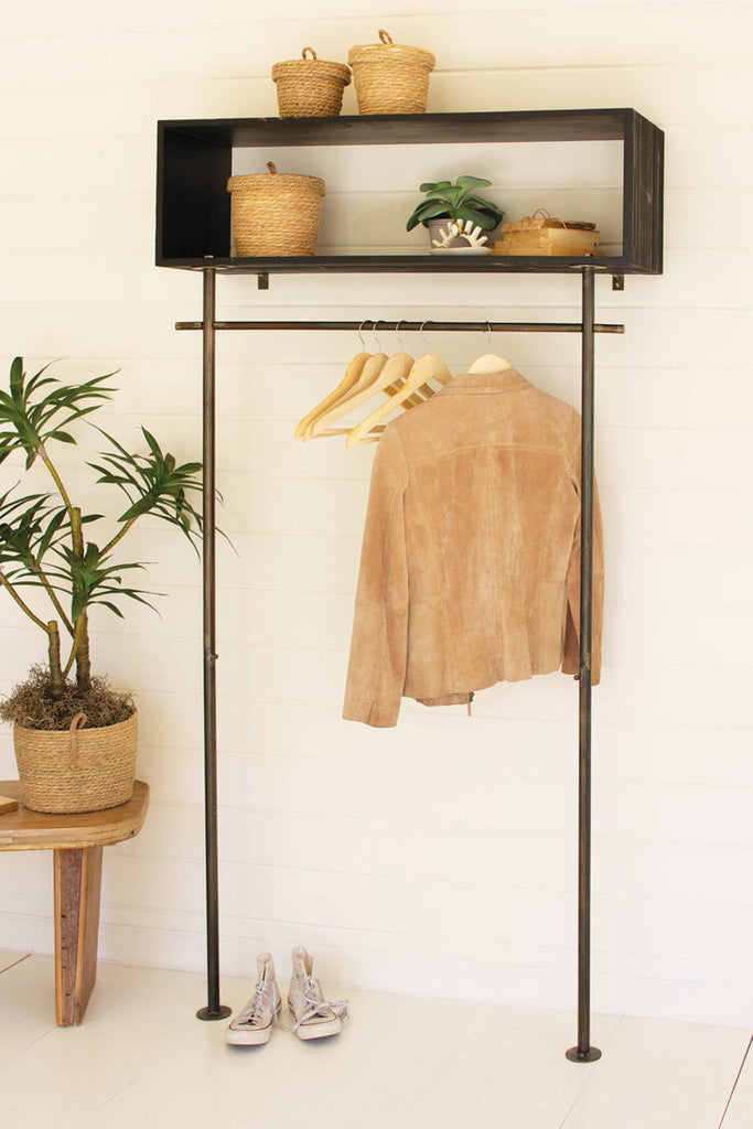 Tall metal & wood shelf with black finish - Bombay Mercantile