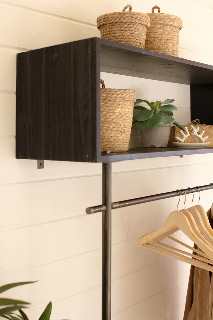 Tall metal & wood shelf with black finish - Bombay Mercantile