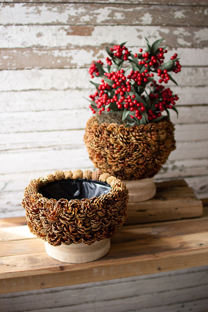 Pinecone urn with turned wood bases - The Nifty Decor
