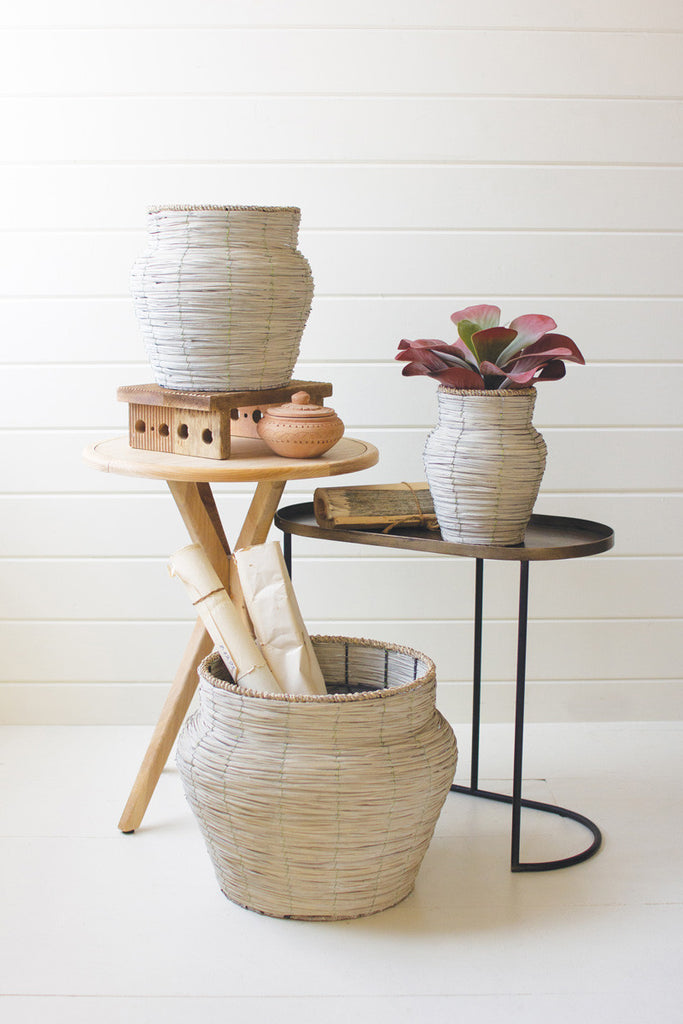 Set of 3 round grey washed poplar wood planters - Bombay Mercantile