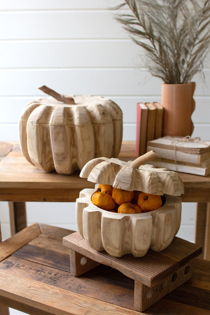 Set of 2 carved wood pumpkins with removeable lids - Bombay Mercantile