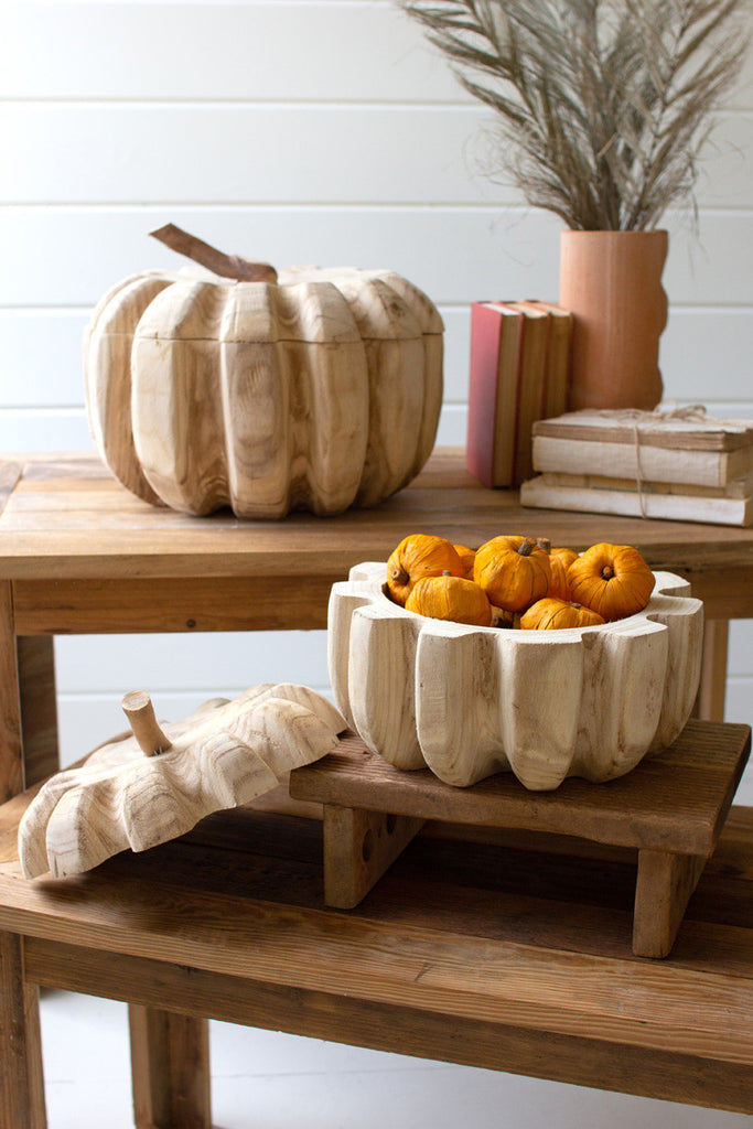 Set of 2 carved wood pumpkins with removeable lids - Bombay Mercantile