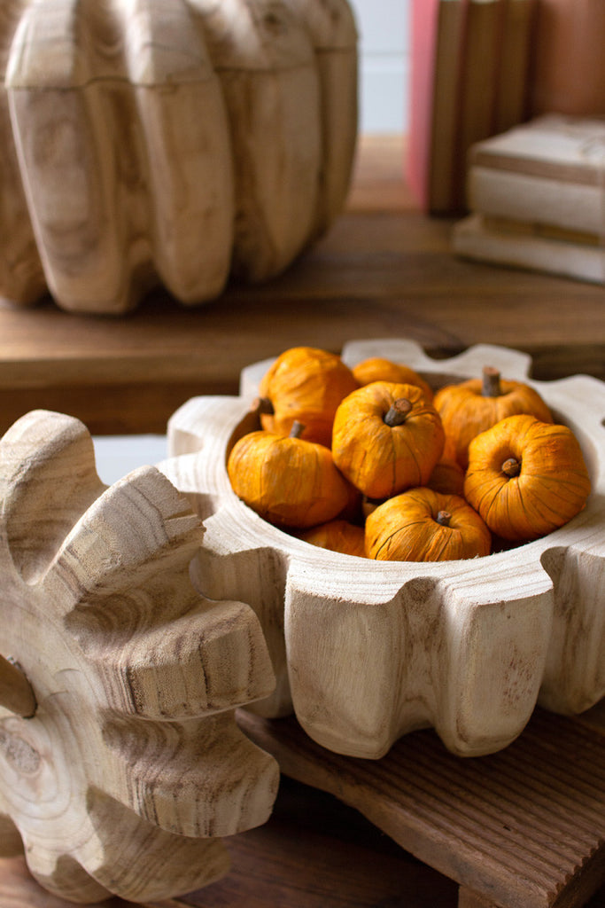 Set of 2 carved wood pumpkins with removeable lids - Bombay Mercantile
