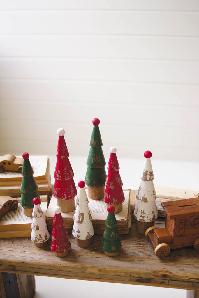 Set of 9 turned wood painted christmas trees - Bombay Mercantile