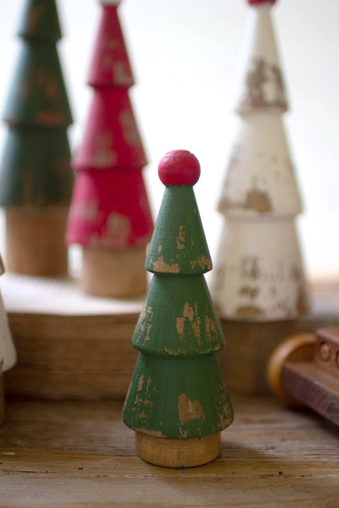 Set of 9 turned wood painted christmas trees - Bombay Mercantile