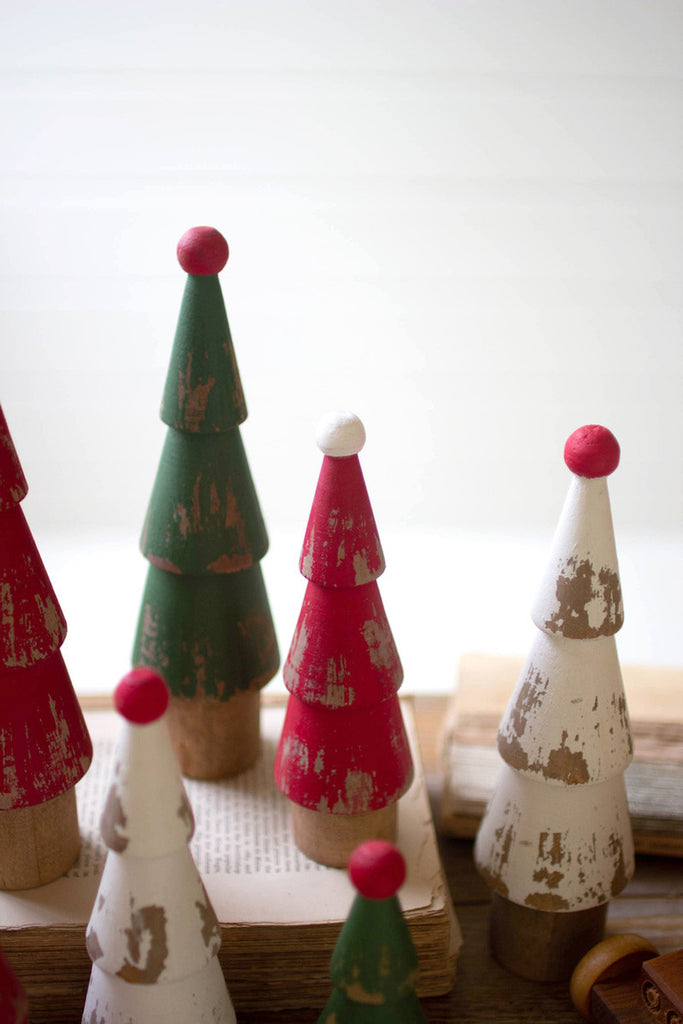 Set of 9 turned wood painted christmas trees - Bombay Mercantile