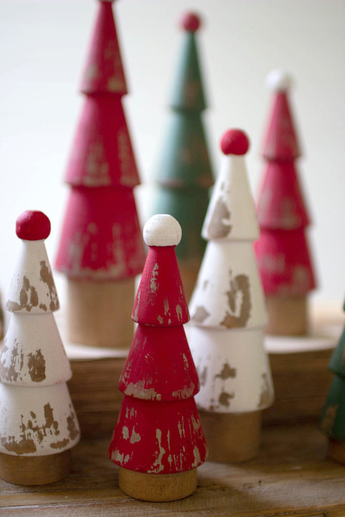 Set of 9 turned wood painted christmas trees - Bombay Mercantile