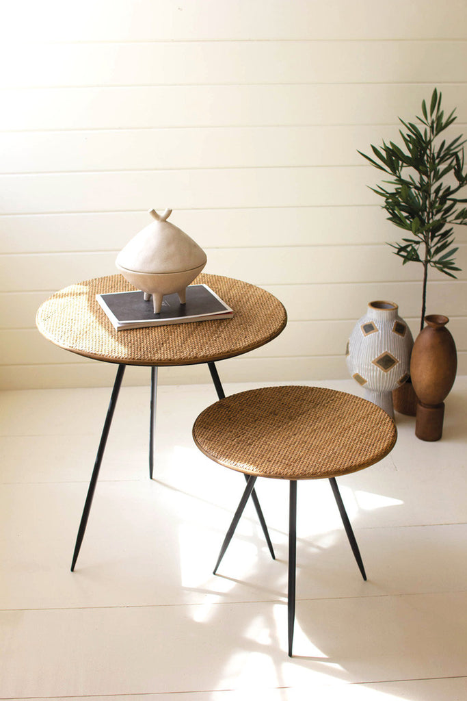 Set of 2 round metal side tables with woven cane tops - Bombay Mercantile