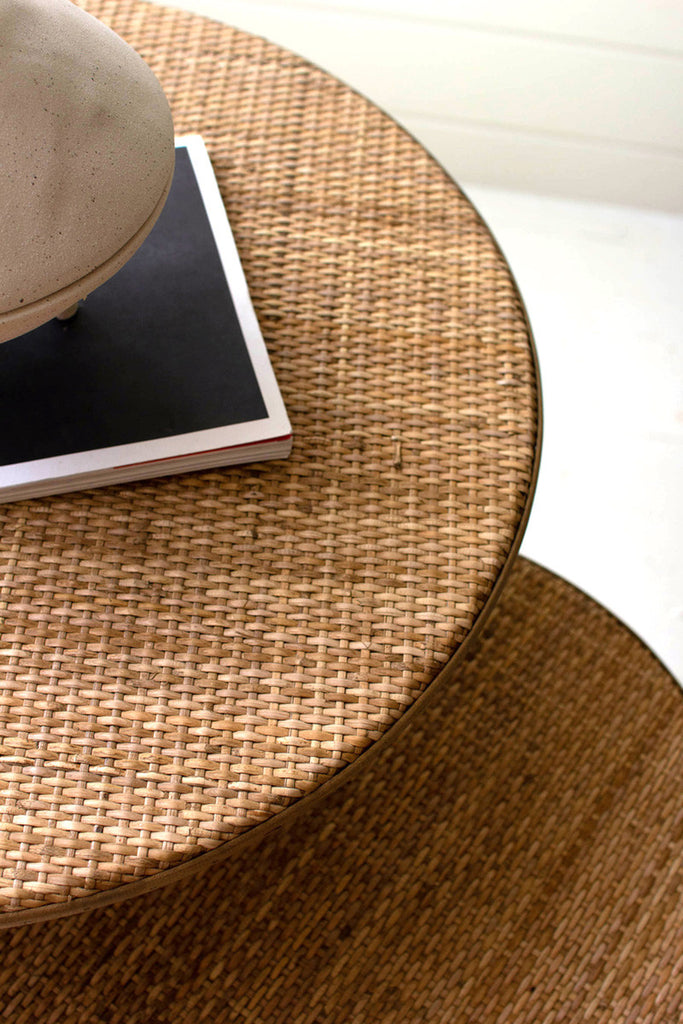 Set of 2 round metal side tables with woven cane tops - Bombay Mercantile