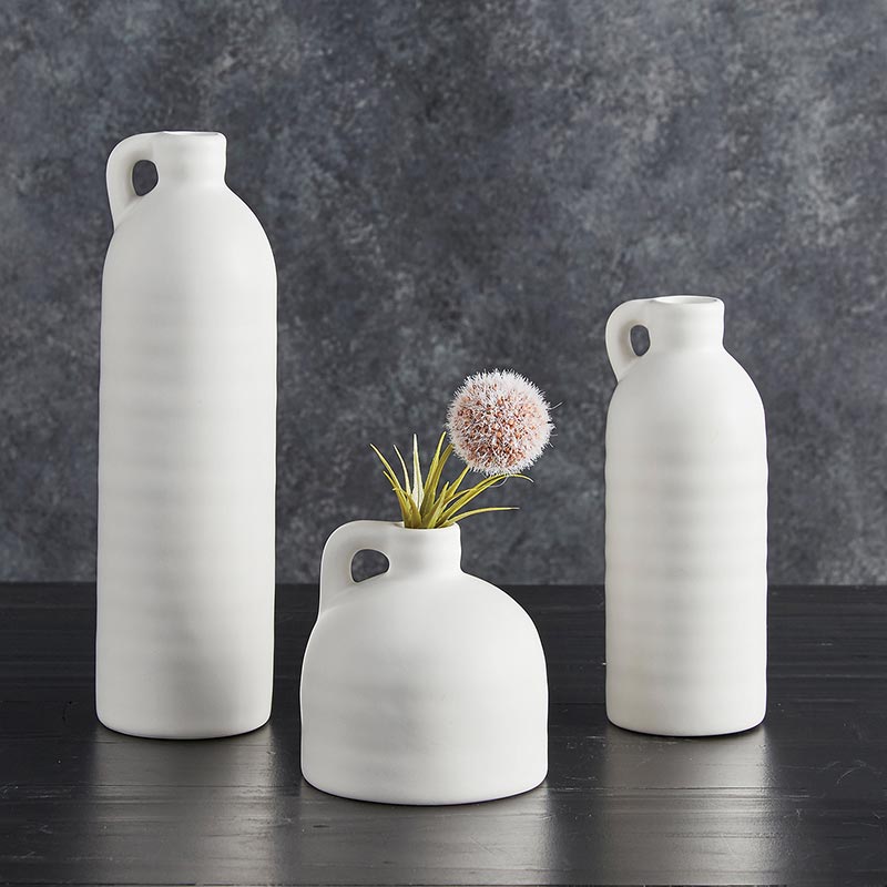 White Vase with Handle - Set of 3 - Bombay Mercantile