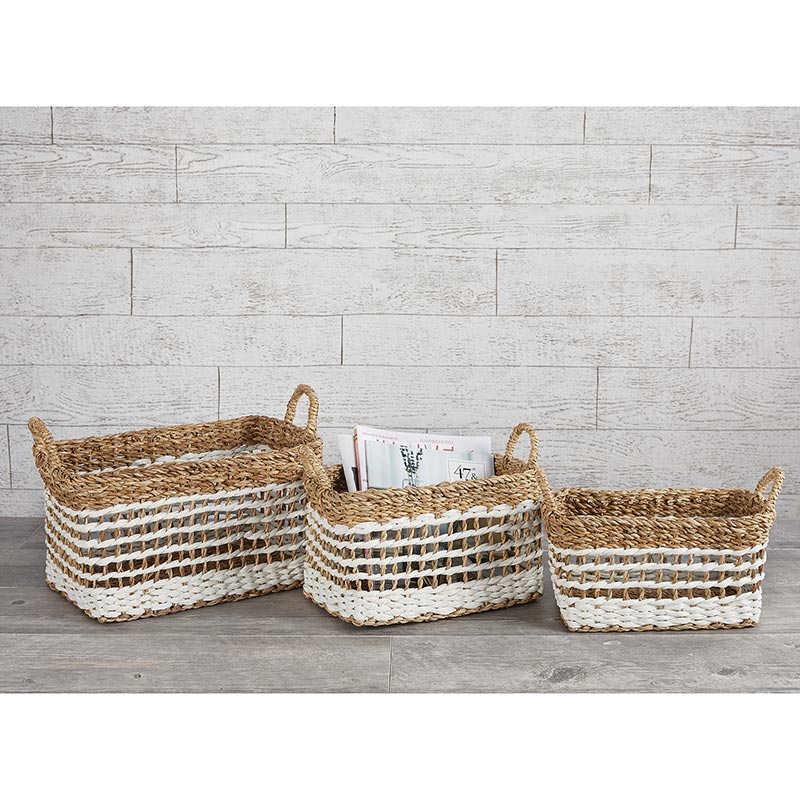 White Stripe Square Basket - Set of 3 - Bombay Mercantile