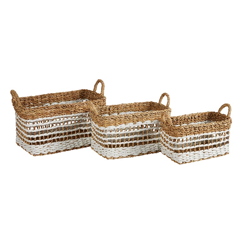 White Stripe Square Basket - Set of 3 - Bombay Mercantile