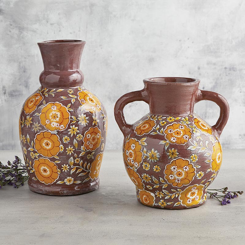 Floral Embossed Terracotta Vase - Bombay Mercantile