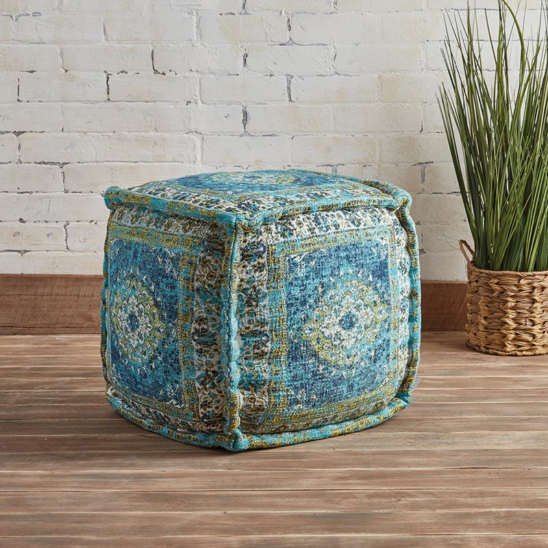 Blue Print Velvet Pouf - Bombay Mercantile