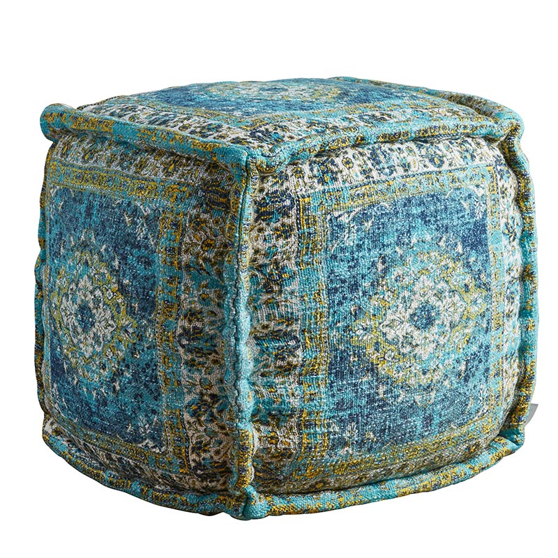 Blue Print Velvet Pouf - Bombay Mercantile