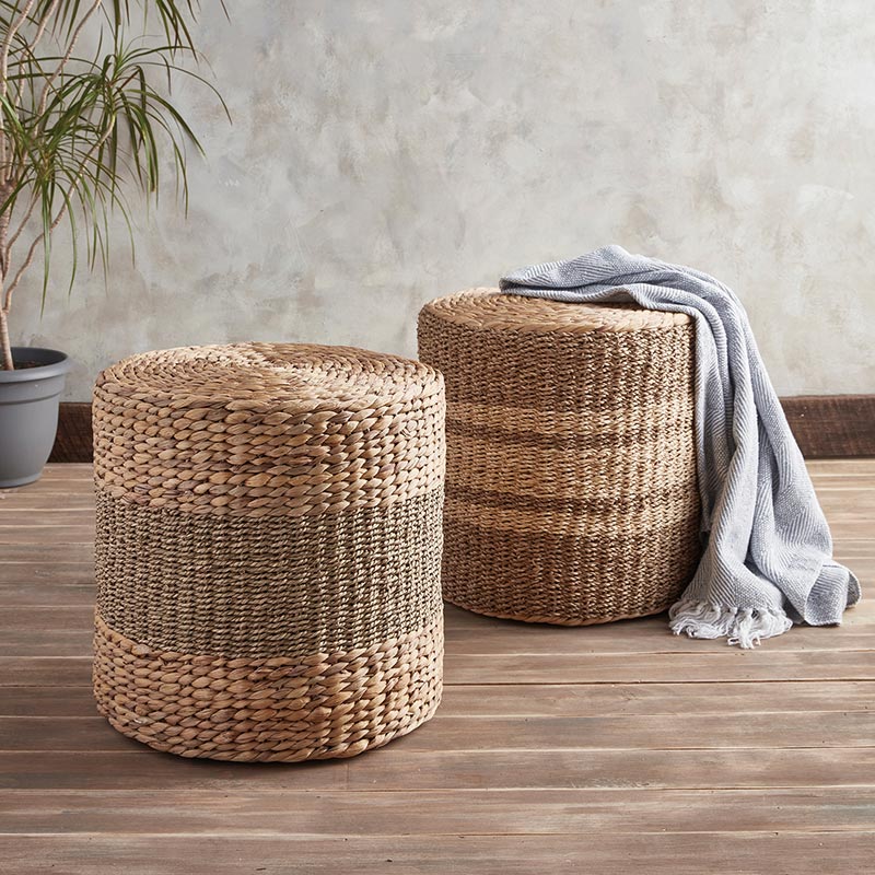 Grey Stripe Seagrass Pouf - Bombay Mercantile
