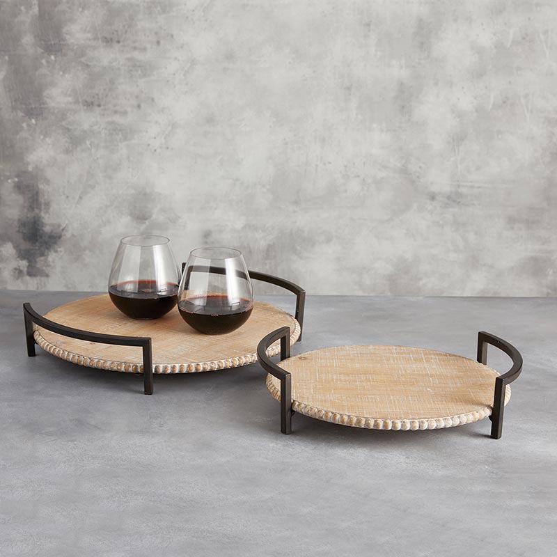 Iron Handle Wood Trays - Set of 2 - Bombay Mercantile