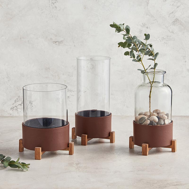 Glass Vase Faux Leather - Set of 2 - Bombay Mercantile