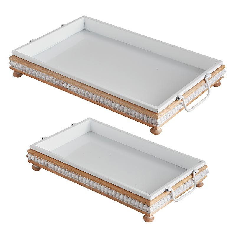 Beaded White Wood Trays Set - Bombay Mercantile
