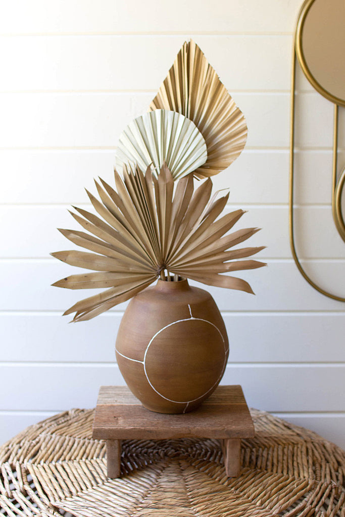Brown ceramic vase with white lines - Bombay Mercantile