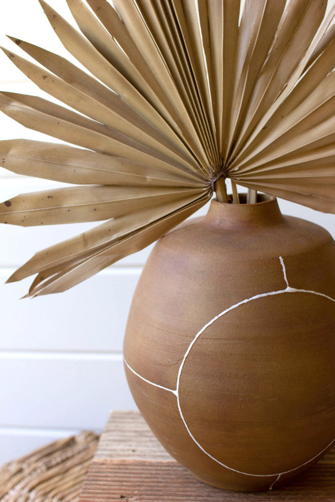 Brown ceramic vase with white lines - Bombay Mercantile
