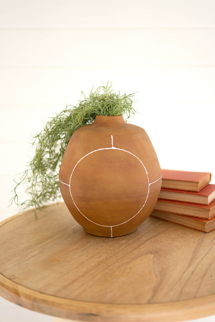 Brown ceramic vase with white lines - Bombay Mercantile