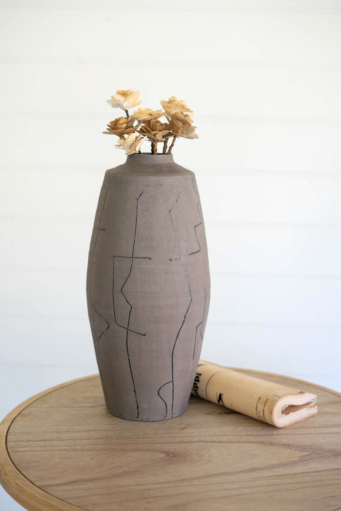 Grey ceramic vase with black lines - Bombay Mercantile