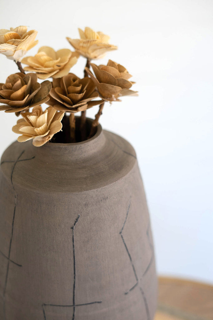 Grey ceramic vase with black lines - Bombay Mercantile