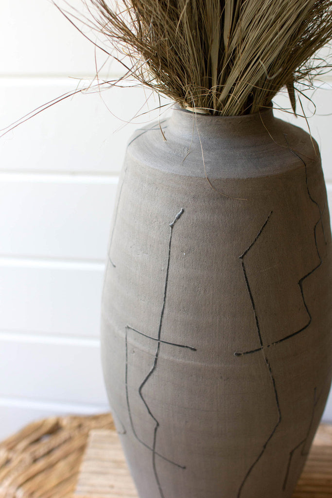 Grey ceramic vase with black lines - Bombay Mercantile