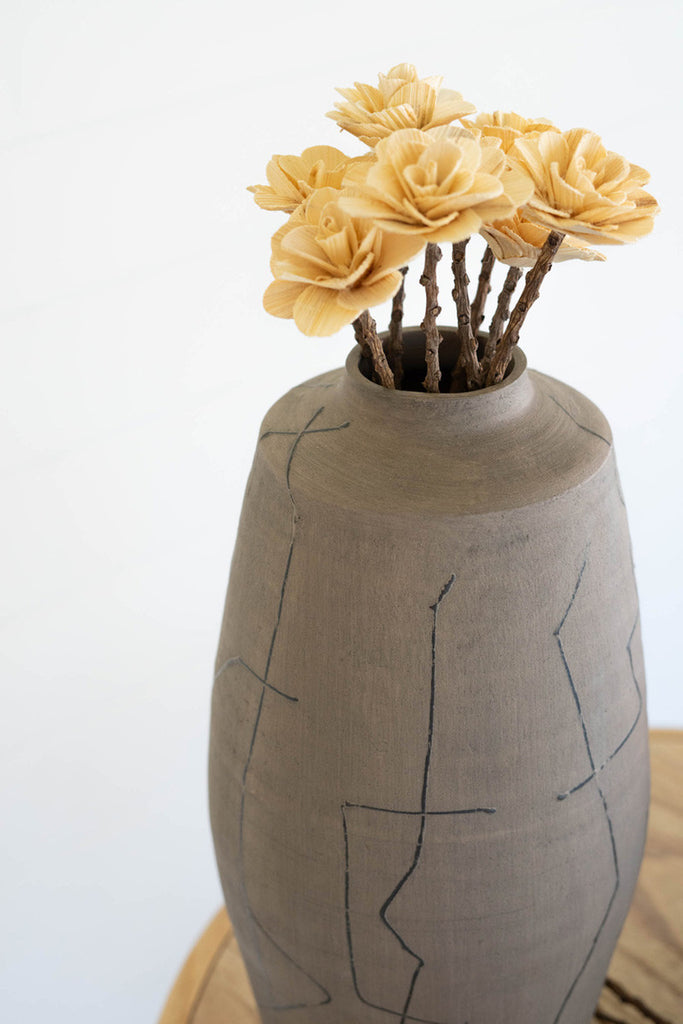 Grey ceramic vase with black lines - Bombay Mercantile