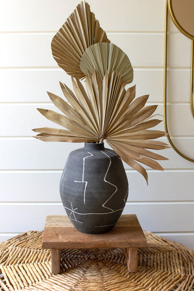 Black ceramic vase with white lines - Bombay Mercantile