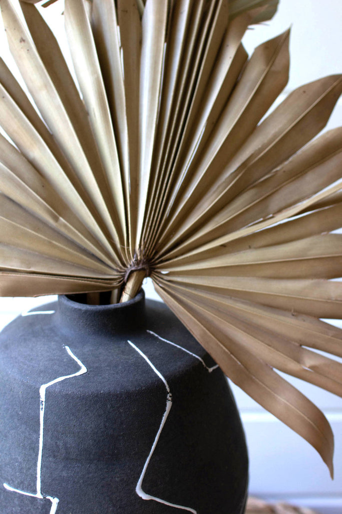Black ceramic vase with white lines - Bombay Mercantile