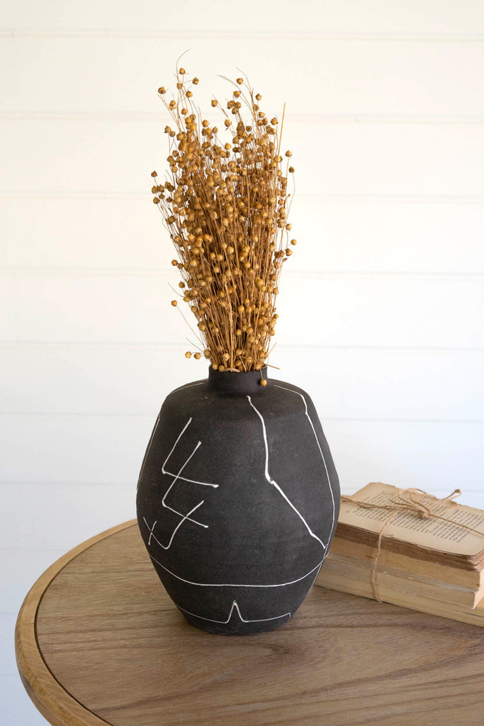Black ceramic vase with white lines - Bombay Mercantile