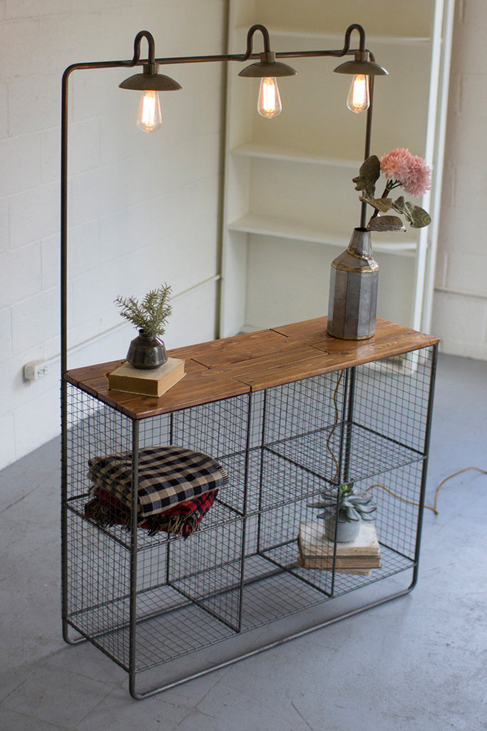 Wall display w/three lights-six wire cubbies & wood shelf - The Nifty Decor
