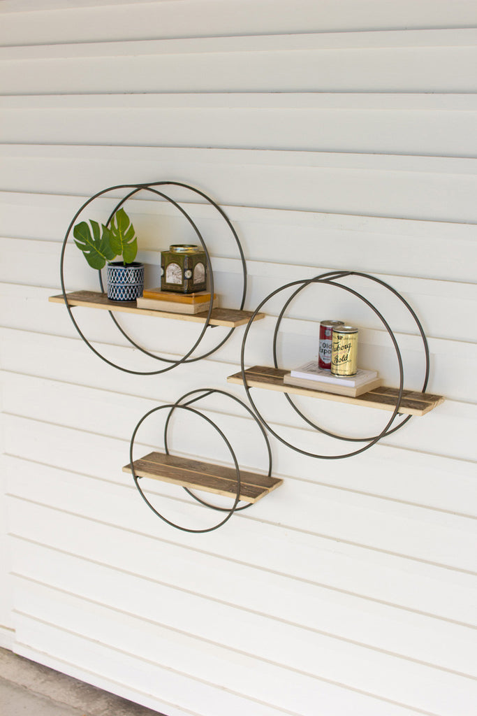Recycled wood shelves with round metal frames Set of 3 - The Nifty Decor