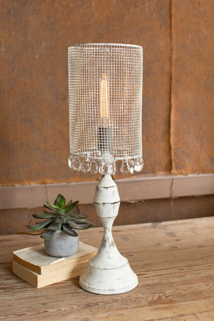 Antique white tabletop lamp with wire mesh shade and gems - The Nifty Decor