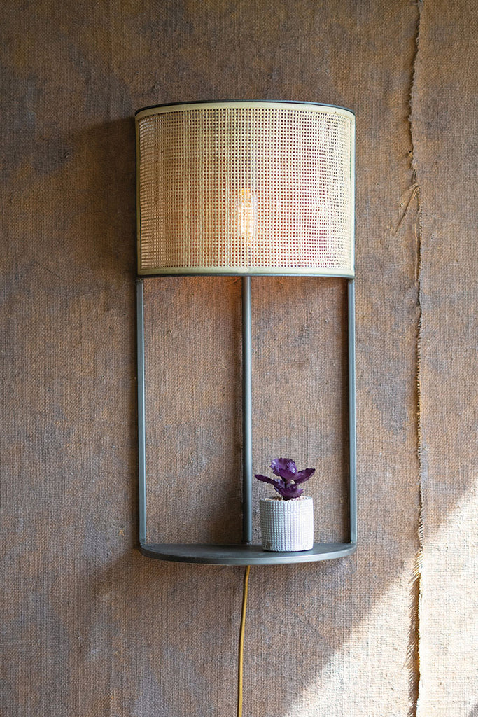 Wall sconce light with rattan shade and metal shelf - The Nifty Decor