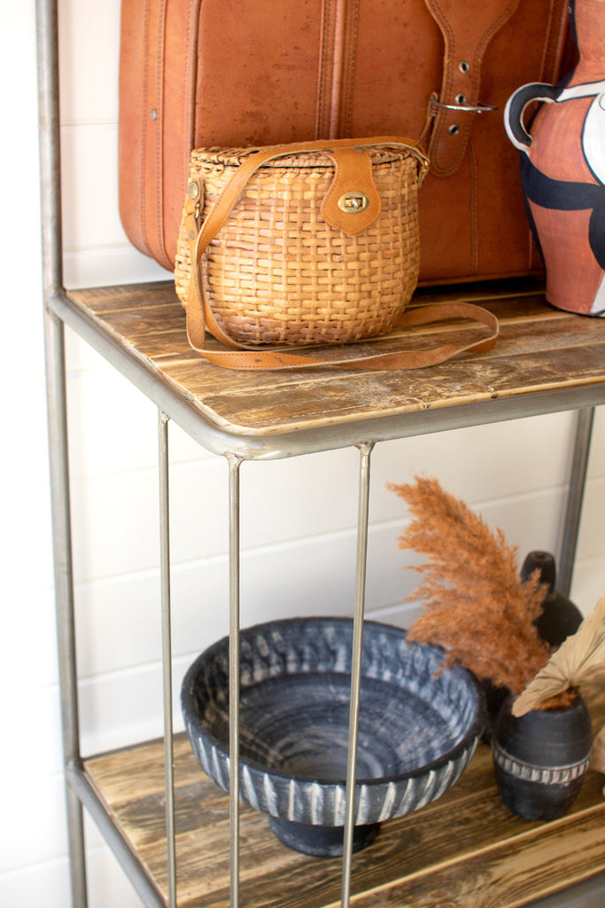 Asymmetrical wood and metal display shelf - Bombay Mercantile