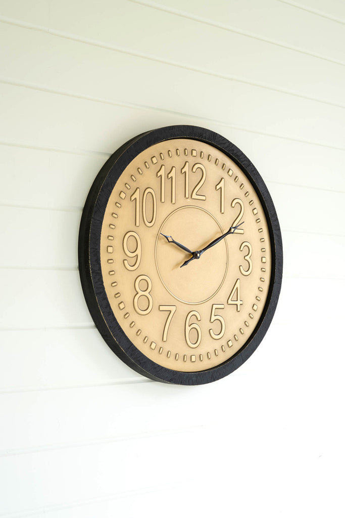 Black frame round metal & wood wall clock with brass detail - Bombay Mercantile