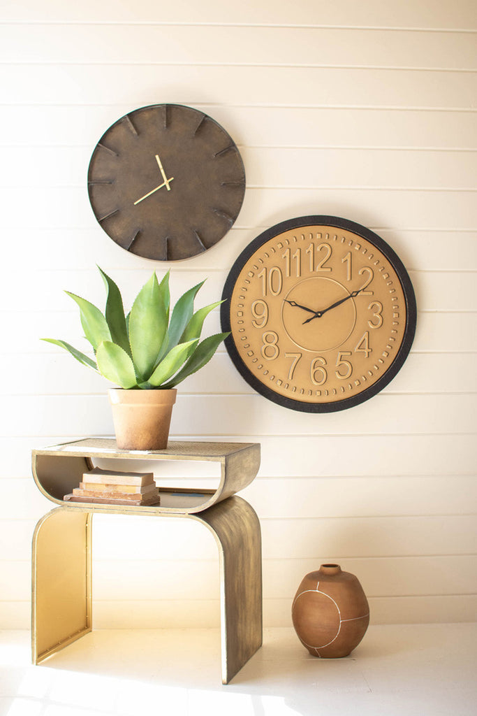 Black frame round metal & wood wall clock with brass detail - Bombay Mercantile