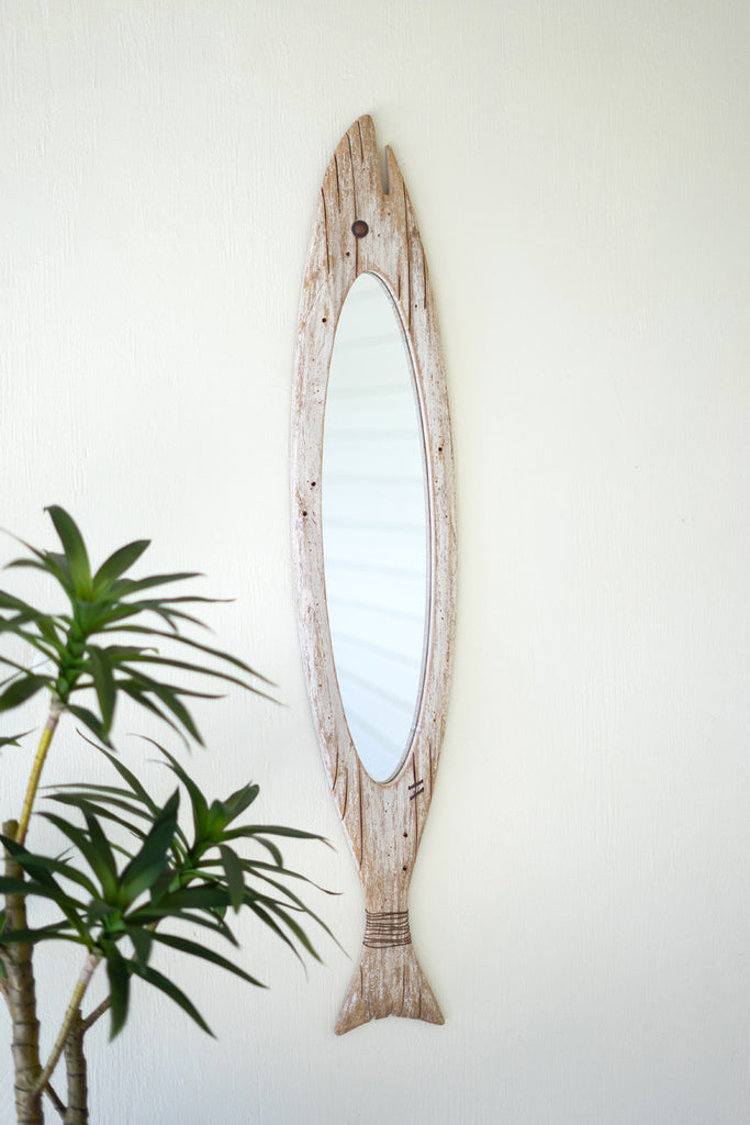Carved wooden fish mirror - Bombay Mercantile