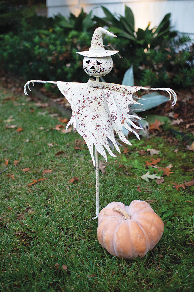 Rustic white metal scarecrow yard stake - Bombay Mercantile