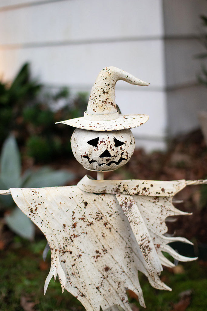 Rustic white metal scarecrow yard stake - Bombay Mercantile