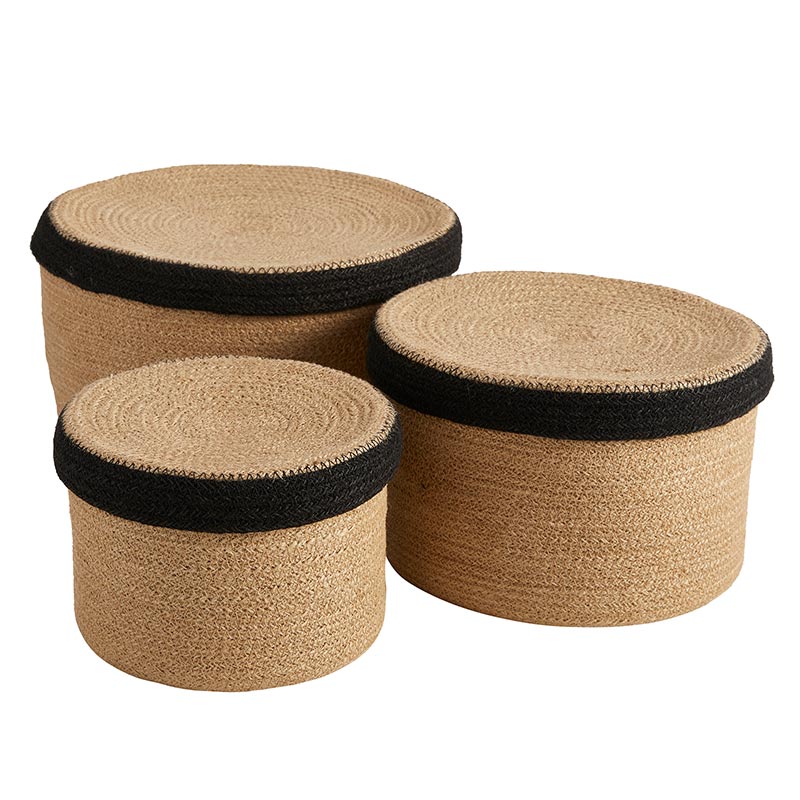 Jute Round Box With Lid - Set of 3, In increments of 2 - Bombay Mercantile