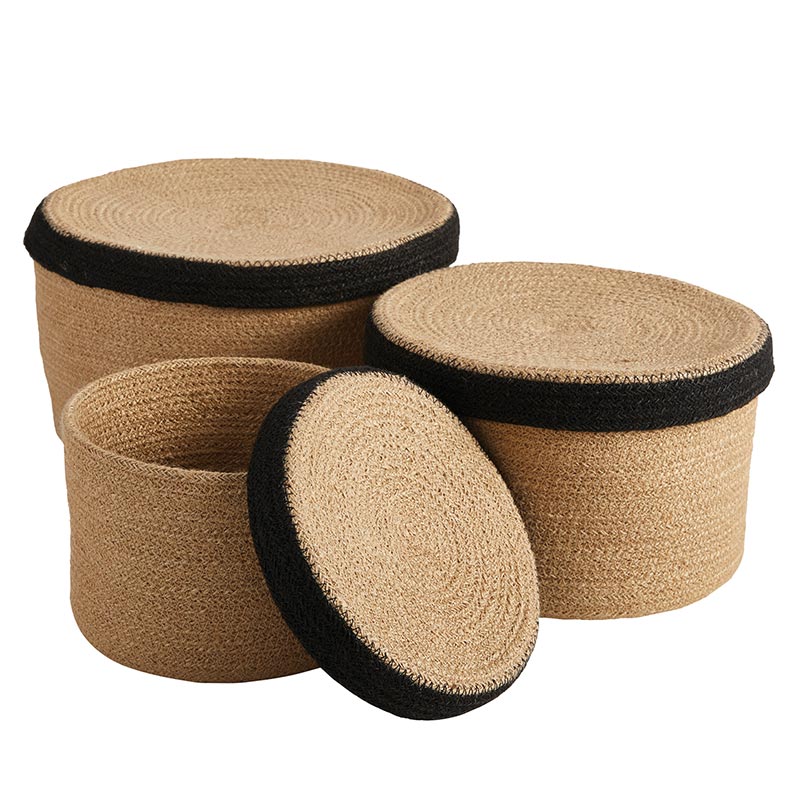 Jute Round Box With Lid - Set of 3, In increments of 2 - Bombay Mercantile