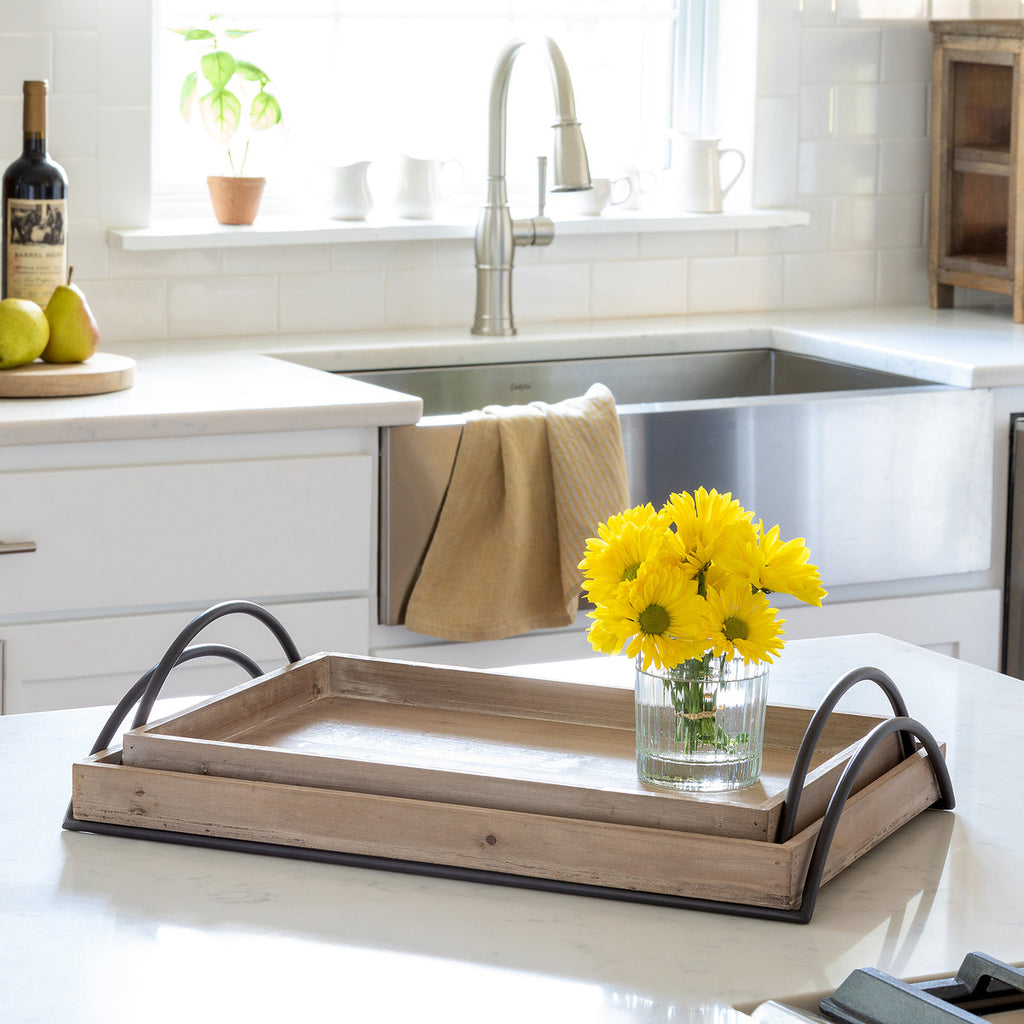Wood Trays with Iron Handle, Set of 2 - Bombay Mercantile